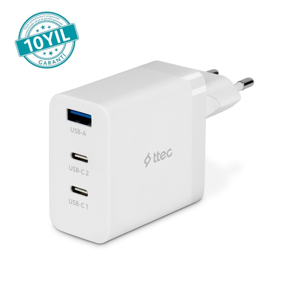 TTEC SmartCharger GAN 65W PD Seyahat Hızlı Şarj Aleti 2 USB-C