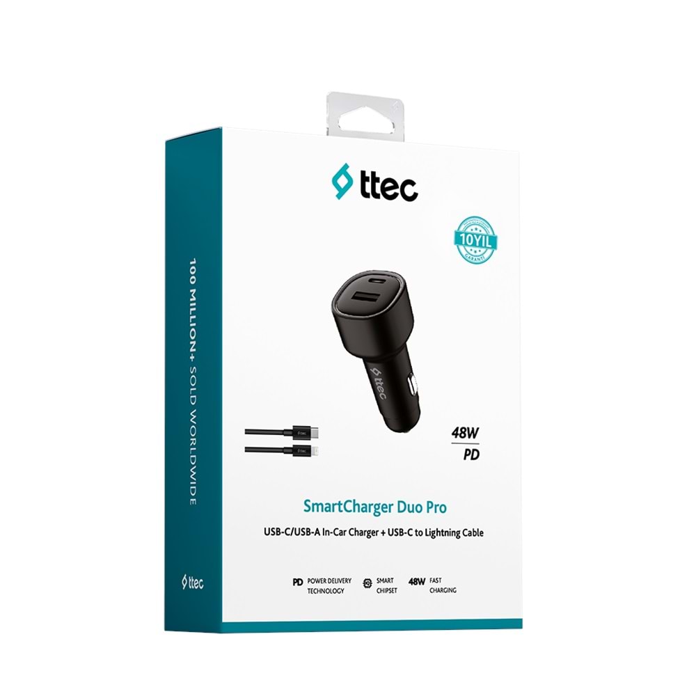 TTEC SmartCharger Duo PD 48W Araç Hızlı Şarj Aleti Lighting+USB-A