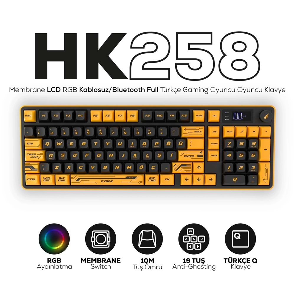HAWK GAMING HK258 MEMBRANE LCD RGB KABLOSUZ/BLUETOOTH TURKCE KLAVYE SARI/SIYAH