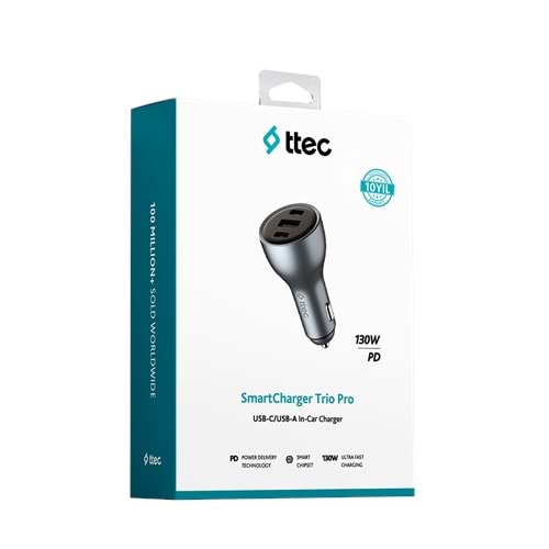 TTEC SmartCharger PD 130W Araç Hızlı Şarj Aleti 2 USB-C+USB-A