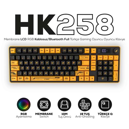 HAWK GAMING HK258 MEMBRANE LCD RGB KABLOSUZ/BLUETOOTH TURKCE KLAVYE SARI/SIYAH