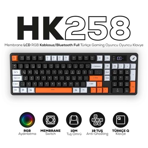 HAWK GAMING HK258 MEMBRANE LCD RGB KABLOSUZ/BLUETOOTH TURKCE KLAVYE SIYAH/TURNCU